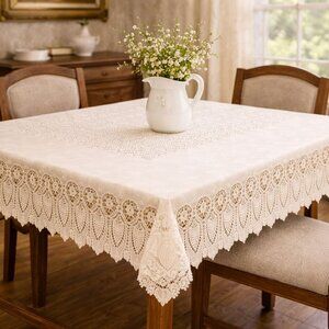 Holiday Time PVC Crochet Tablecloth 60x90 Vintage Bone Oblong Lace Vinyl Dining